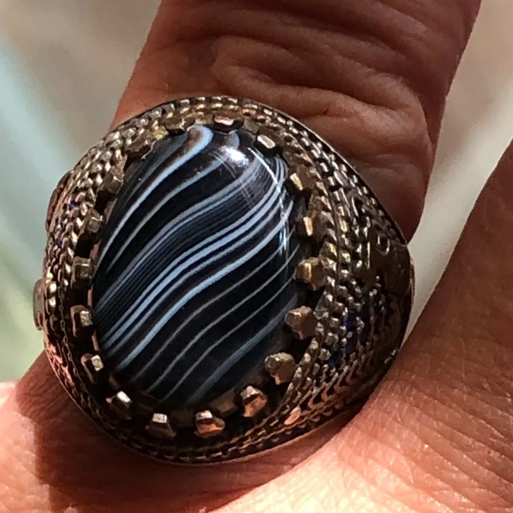 Men’s Sterling Striped Agate Ring Made In Turkey Blue Stones Size 10 Handmade